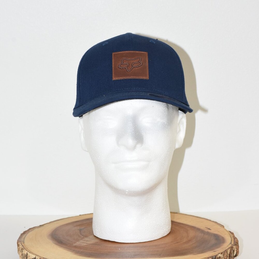 Navy Fox Head Flexfit Hat Size S/M NWT - Elegant Brown Leather Logo